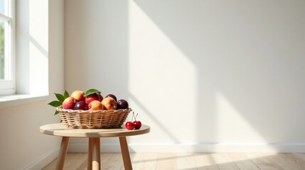 A sunlit wicker basket brimming with ripe peaches and plums rests on a small wooden side table, bathed in the warm glow of natural light