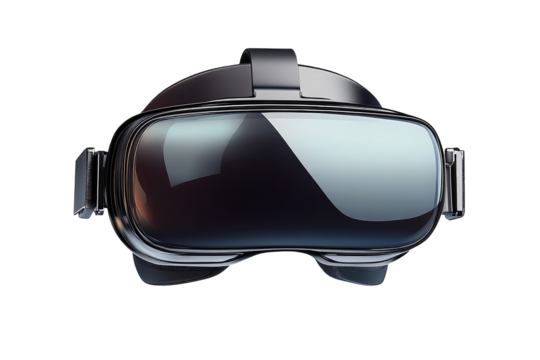 A close up shot of a vr headset with a dark background showcasing its sleek and modern design style on transparent background