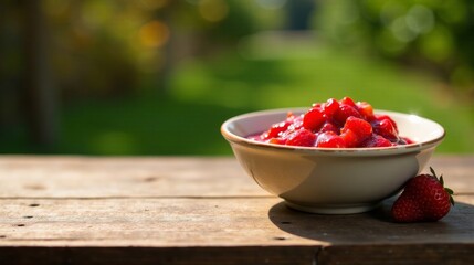 A delightful bowl of homemade strawberry preserves sits on a rustic wooden table, bathed in warm sunlight, with a single ripe strawberry resting beside it, a perfect summer treat.