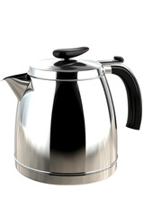 A shiny stainless steel kettle with a black handle and lid on a black background in a studio setting on transparent background