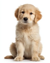 Fototapeta premium Adorable Golden Retriever puppy sits patiently against a white background. Soft, fluffy fur and sweet expression.