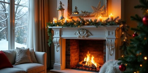 Cozy winter scene featuring a fireplace with a warm fire, decorated with a garland and candles, a comfortable sofa, and a decorated Christmas tree