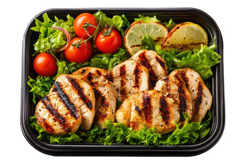 A close up of grilled chicken breast with lettuce tomatoes and lemon slices in a black plastic container on transparent background