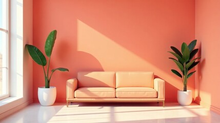 Sunlit Living Room with Peach Walls and Minimalist Decor Featuring a Comfortable Sofa and Lush Greenery