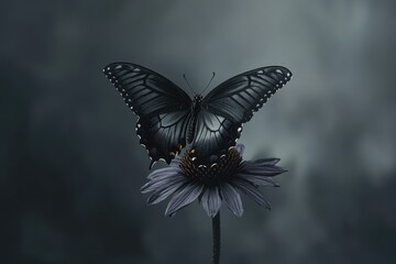 A dark-colored butterfly with iridescent wings delicately perched on a purple flower.