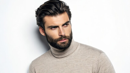 Obraz premium stylish man with beard wearing turtleneck sweater, posing confidently.