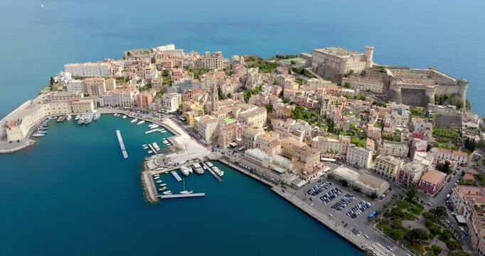 Aerial view of the historic center of the town of Gaeta, overlooking the Mediterranean Sea. It is a famous tourist destination in the province of Latina, Lazio, Italy.