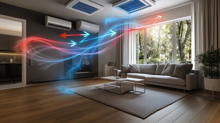 Airflow balance testing demonstration showing digital air movement streams tracking ventilation flow between multiple air conditioning systems