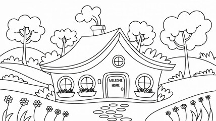 Sketch of a curved house in a peaceful landscape for coloring books