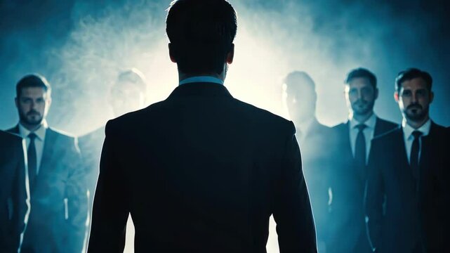 Silhouette of a man leads a group of formally dressed men in a dark, smoky atmosphere