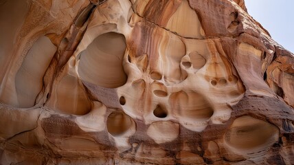Mesa sandstone cliffs honeycomb weathering with sculpted cavities and natural erosion patterns in amber and cream tones under natural lighting