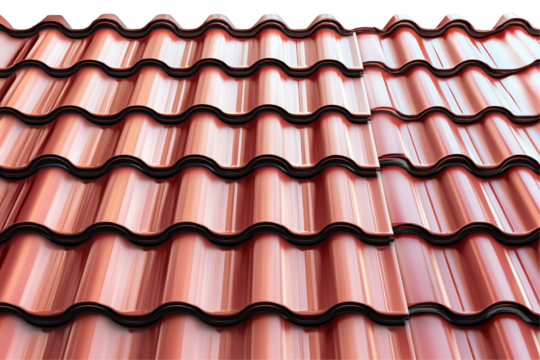 Close up of a red metal roof with a wavy pattern showing the texture and design of the roofing material on transparent background