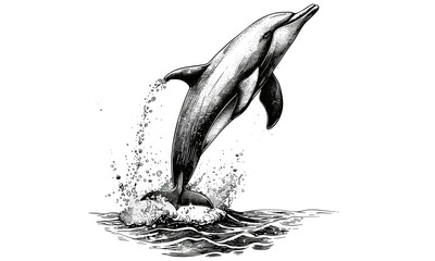 Hand-drawn Marine Animal Etching, Nautical Wildlife Art, Dolphin Tail Engraving in Water, Monochrome Ocean Life Drawing, Vintage Sea Creature Sketch, Old Engraving Style