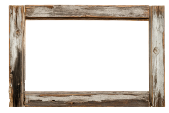 A weathered wooden frame with visible grain and knots surrounding a black rectangular space in the center on transparent background