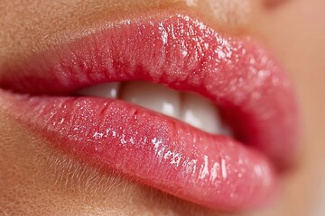 Close-up of soft pink lips with glossy finish, highlighting natural beauty and smooth application of lip gloss 