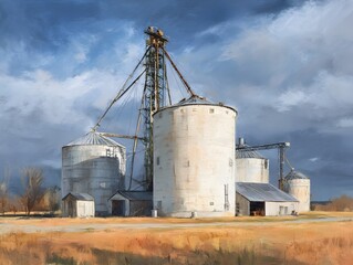 Obraz premium Witness Majestic Grain Silo Loading from Angled Perspective Highlighting Agricultural Realism Across Rural Landscapes Today