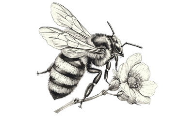 Monochrome Honeybee Engraving on Flower, Vintage Insect Illustration, Rustic Wildlife Etching, Old Engraving Style, Nature Fauna Print for Decor, Trendy Bee Artwork, Antique Insect Drawing