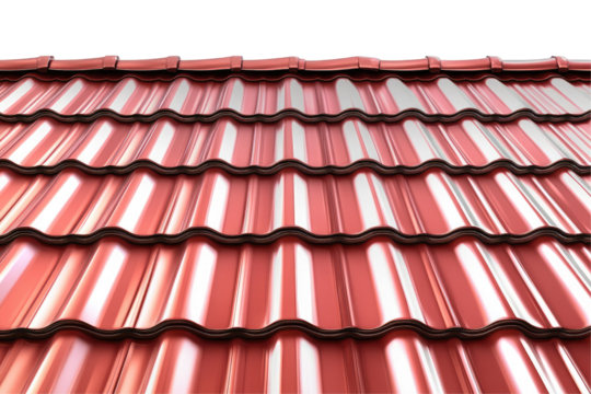 A close up view of a red metal roof with a wavy pattern and bright highlights across the surface area on transparent background