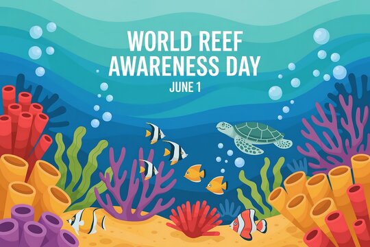 World reef awareness day illustration with turtle and fish in underwater scene art
