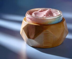 Pink whipped hair mask in faceted bamboo jar with iridescent rim