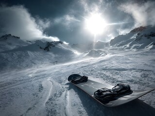 Pearl black snowboard from front under alpine sun highlighting sleek design for winter adventure enthusiasts