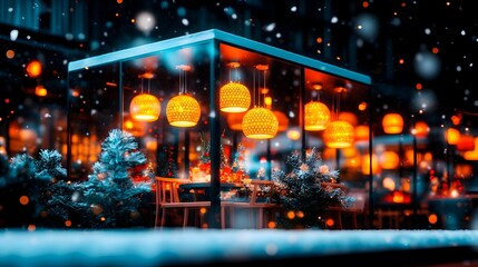 A snow-covered outdoor dining area, encased in glass, glows warmly with orange pendant lights, decorated with small snow-dusted evergreens