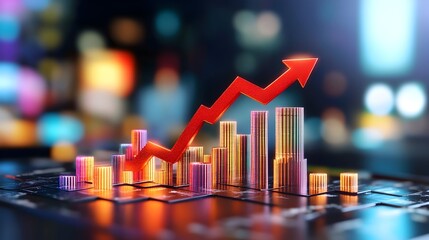 A vibrant red arrow ascends sharply over a cityscape of multicolored bars, representing growth and progress against a blurred city backdrop