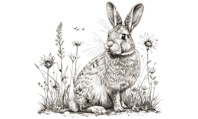 Detailed Engraving of Rabbit in Meadow, Monochrome Mammal Line Art, Vintage Animal Print Black Sketch, Hand-drawn Wildlife Etching, Rustic Nature Illustration, Old Engraving Style