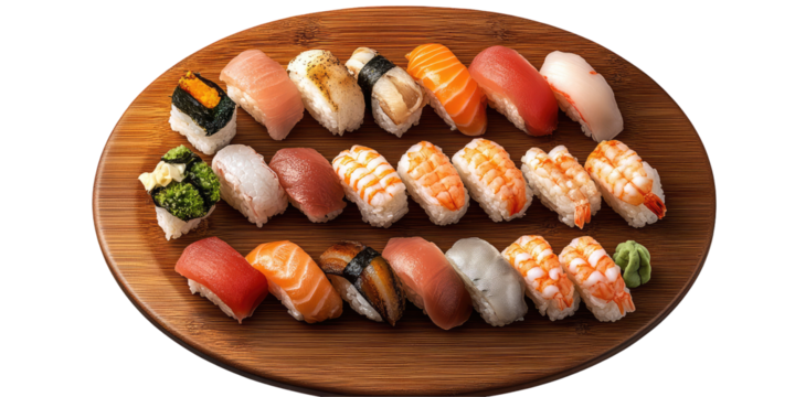 A wooden platter showcasing a variety of nigiri sushi pieces arranged in neat rows, ready to be enjoyed on transparent background