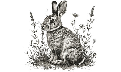 Monochrome Rabbit Engraving in Meadow, Rustic Nature Illustration, Vintage Animal Print, Hand-drawn Wildlife Etching, Black Sketch Mammal, Old Engraving Style, Retro Art, Trendy Prints