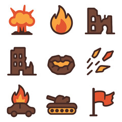 Flat vector illustration set of war destruction icons including explosion, fire, ruins, and tank