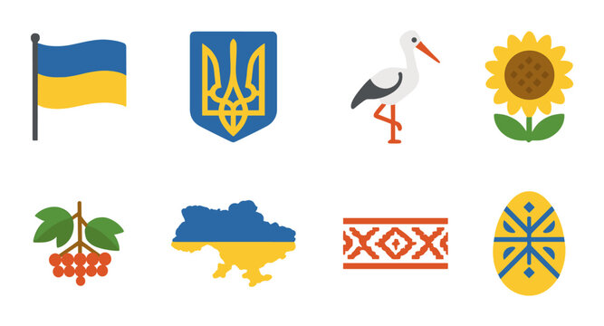 Ukrainian cultural icon set with flat vector illustrations of symbols like embroidery, pysanka, tryzub, stork, and national ornament on transparent background