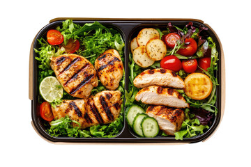 A divided container with grilled chicken, salad, tomatoes, potatoes, cucumber and lime slices inside it on transparent background