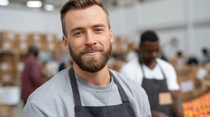 Naklejka premium Smiling young man in gray sweater with beard working in warehouse, food distribution center, colleagues behind