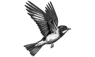 Swallow in Flight Engraving, Hand-drawn Bird Line Art, Monochrome Wildlife Illustration, Ornithological Etching, Vintage Rustic Nature Print, Black Sketch, Old Engraving Style