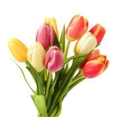 A vibrant bouquet of tulips featuring yellow pink white and orange blossoms against a black background on transparent background
