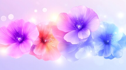 Soft-focus image of four pastel-hued flowers, pink, orange, purple, and blue, with a blurred, glowing background