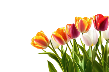 A colorful display of tulips in full bloom against a stark black background creating contrast and focus on transparent background