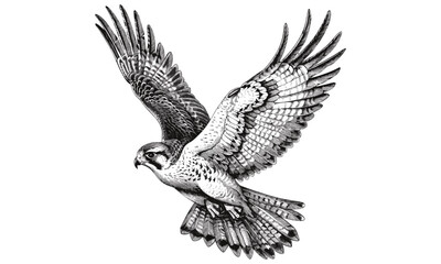 Black-and-white Wildlife Art, Vintage Animal Design, Falcon in Flight Sketch, Rustic Bird Illustration, Hand-drawn Eagle Art, Old Engraving Style, Nature Line Drawing