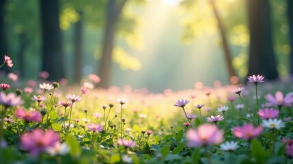 Obraz premium Serene Dawn A Field of Delicate Blossoms Bathed in Golden Sunlight, Gently Swaying in the Soft Morning Breeze
