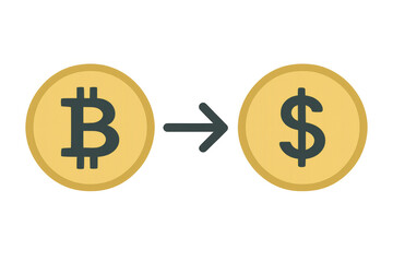 Fototapeta premium Bitcoin symbol converting to us dollar with an arrow pointing to the right on a transparent background