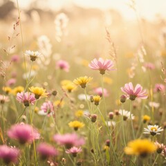 Obraz premium Golden Hour Meadow: Vibrant Wildflowers Basking in Sunset's Embrace