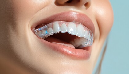 Fototapeta premium Innovative dental care modern woman showcasing cheek retainer studio environment close-up view oral hygiene concept