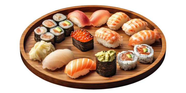 An overhead shot of a sushi platter featuring various types of sushi rolls and nigiri on a wooden tray on transparent background