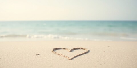 Heart Shape Drawn in Sand on a Tranquil Beach with Ocean Waves in the Background