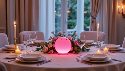 a romantic dinner table with an emotion translator centerpiece glowing soft pink surrounded by minimal tableware and candles intimate mood emotional design device
