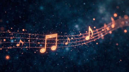 Glimmering Musical Notes Flowing Through a Cosmic Dark Blue Background, an Abstract Composition for Music Related Designs