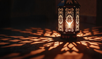 Ornate Muslim lantern intricate shadow patterns warm light Islam holiday Ramadan Eid tradition mystery spiritual atmosphere concept glowing Islamic lamp detailed geometric design
