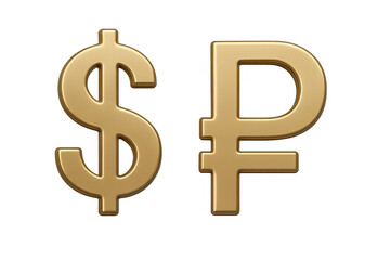 Obraz premium Shiny metallic gold currency symbols of dollar and ruble represent global finance and exchange rates on a transparent background