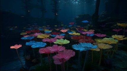 reef with glowing marine life forms floating around